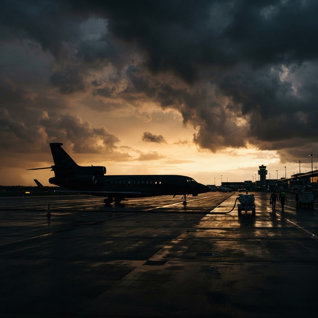 Private jet silhouette against a twilight sky