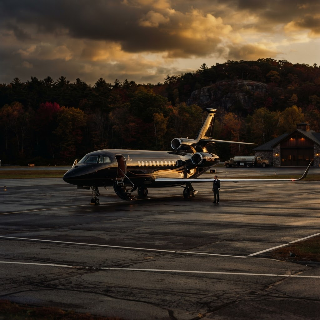 Private aircraft on a New England airport ramp at golden hour
