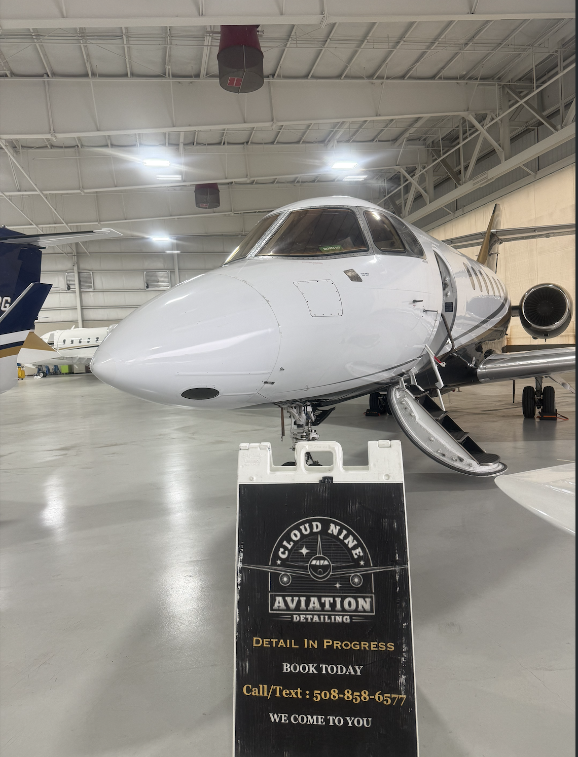Private jet inside a hangar during Cloud Nine Aviation detailing